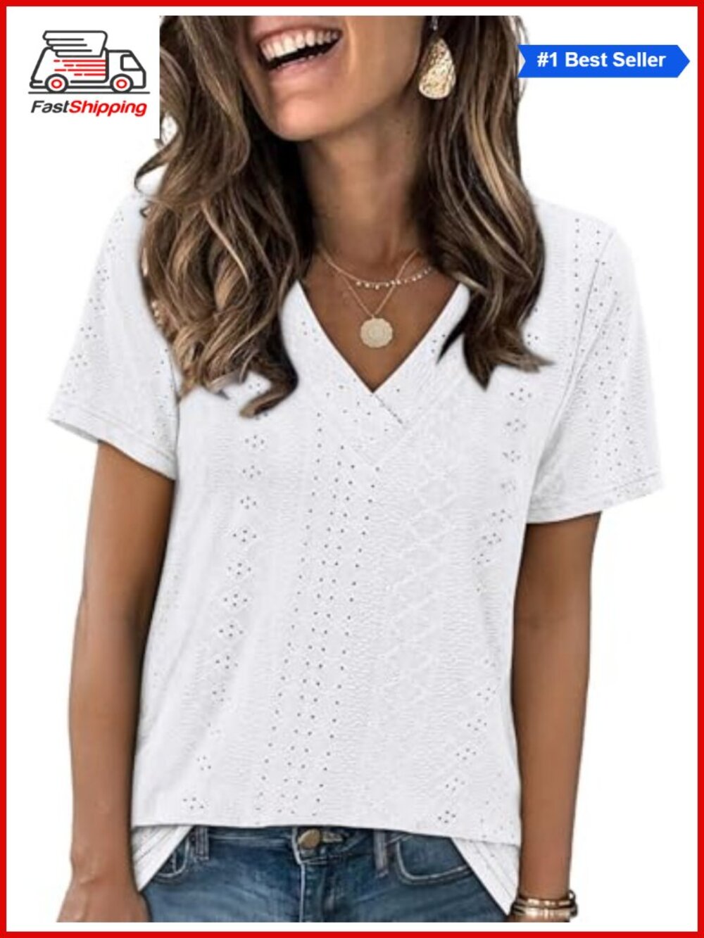 ✨ Women's Eyelet Crossed V Neck Short Sleeve T-Shirt Lace Top Blouse